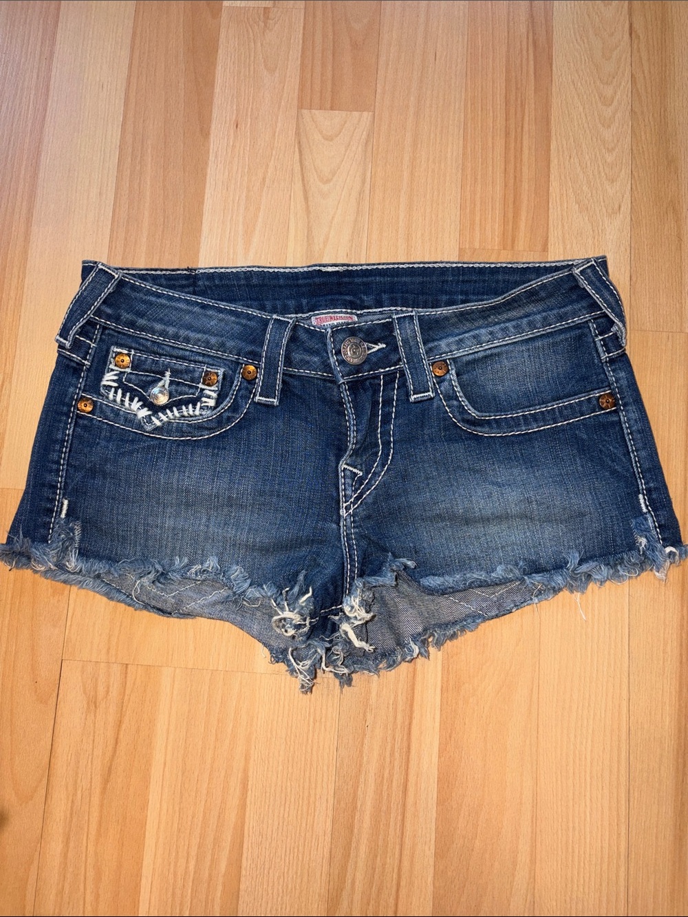 True Religion Dark Indigo Distressed Denim Cutoff Shorts